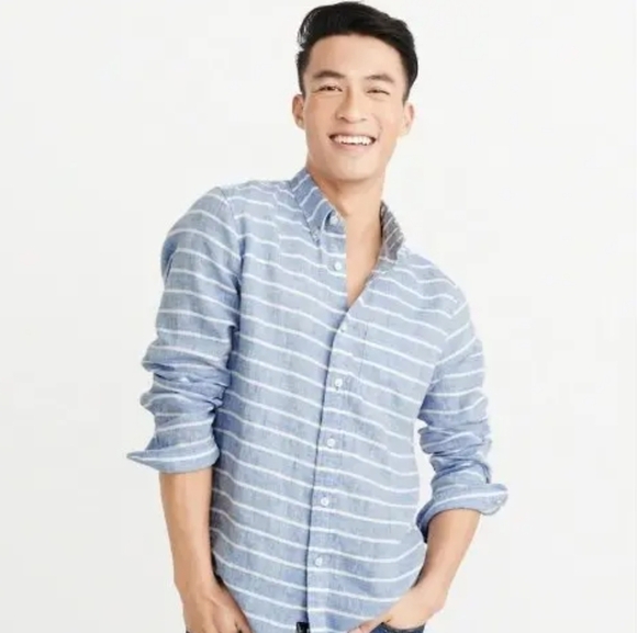 Abercrombie & Fitch Blue Striped 100% Linen Long Sleeve Button-Up Shirt Size XL - Picture 2 of 11